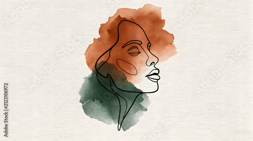 Abstract line art continuous woman profile portrait with terracotta and sage green watercolor stain