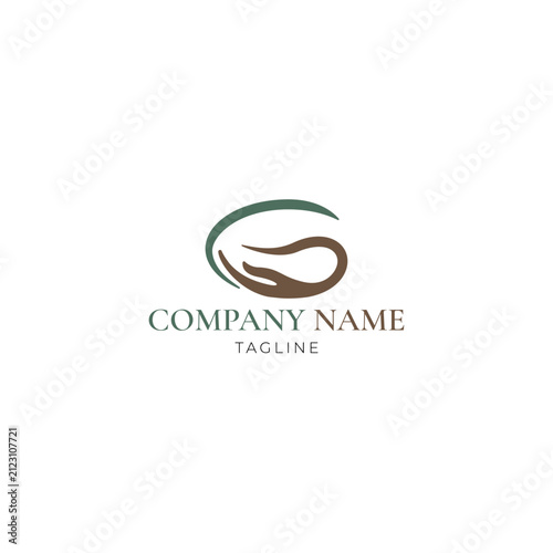 Minimalist functional medicine logo design featuring an abstract organic green leaf and brown hand shape in a circular emblem on a clean white background.
