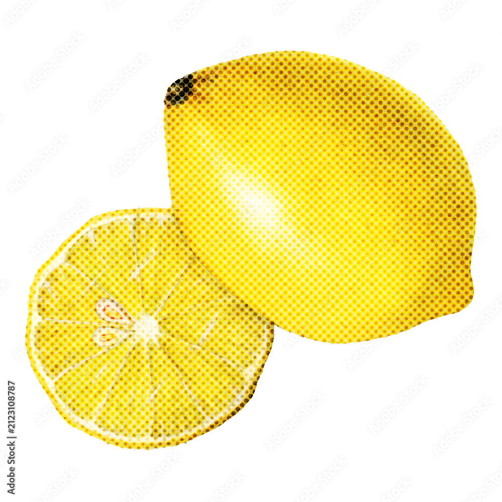 Obraz premium Hand drawn lemon halftone style sticker overlay with a white border