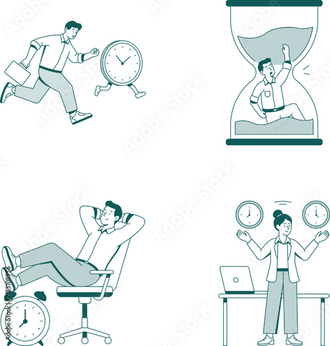 Productivity illustrations showing urgency, focus, time pressure, organization, and effective task management. 
