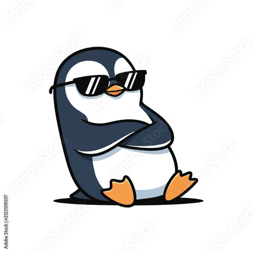 Penguin Wearing Sunglasses Cartoon Character Illustration.