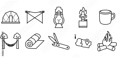 Solo adventure and glamping line icon set, dome tent, folding chair, vintage lantern, portable stove, enamel mug, hammock, sleeping pad, swiss army knife, map, and campfire outline vector icons