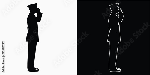 Cuadro en lienzo Military soldier saluting silhouette and outline illustration with military silh