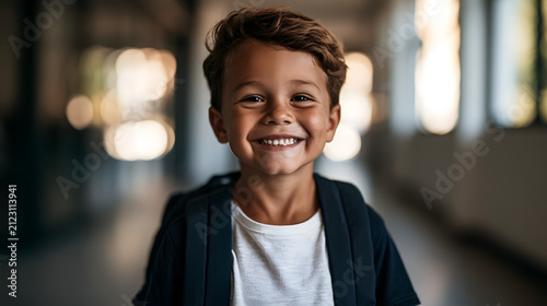 Smiling little boy with backpack standing in school hallway