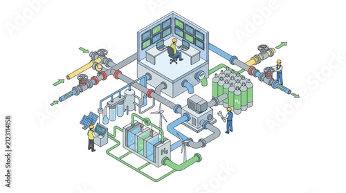 Industrial control room with complex machinery and monitoring screens.
