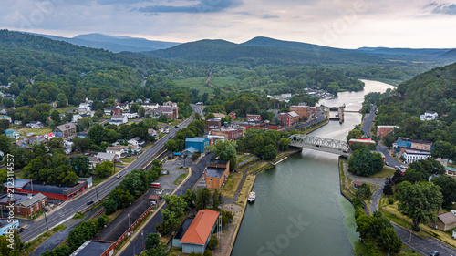 July 28, 2026 - Whitehall, NY, USA - Aerial image of the village of Whitehall, NY and the Champlain Canal.  Whitehall is regarded as the Birthplace of the United States Navy.