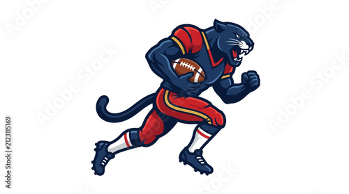A fierce panther mascot character running while holding a football