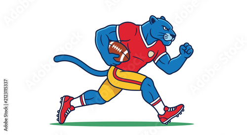 A muscular blue panther mascot running while holding a brown football