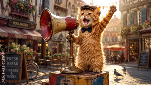A Street Crier Cat: A charismatic ginger cat, dressed in a bow tie and flat cap, stands on a vintage box holding a megaphone, enthusiastically announcing news in a European-style street setting.