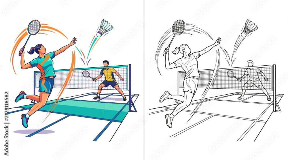 Obraz premium Badminton players competing in a fast-paced match on a court with a net, dynamic action illustration