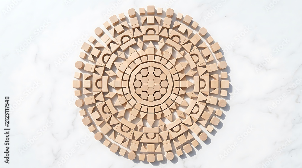Fototapeta premium Wooden Building Blocks Arranged in a Circular Geometric Pattern on White Marble