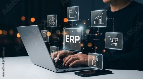 Businessman using laptop for enterprise resource planning ERP software concept