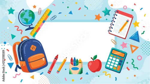 School Bus Arriving at Elementary School with Students and Teachers Vector Illustration