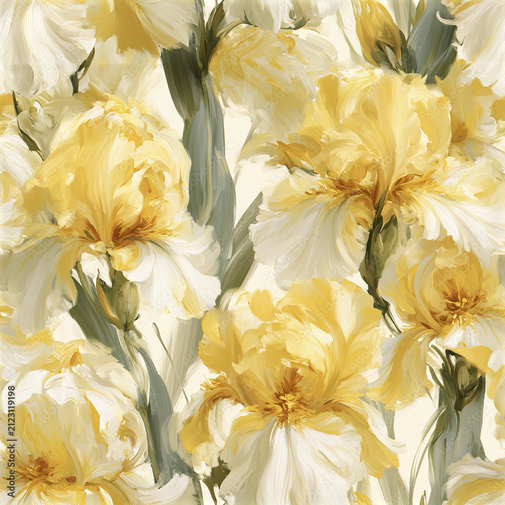 Obraz premium Yellow iris flower pattern with green leaves, seamless impressionist style painting, soft brush strokes create calming floral