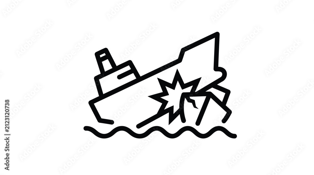 Obraz premium Sinking cargo ship vector illustration featuring a collision impact effect with sharp black outline strokes style