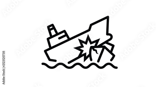 Sinking cargo ship vector illustration featuring a collision impact effect with sharp black outline strokes style