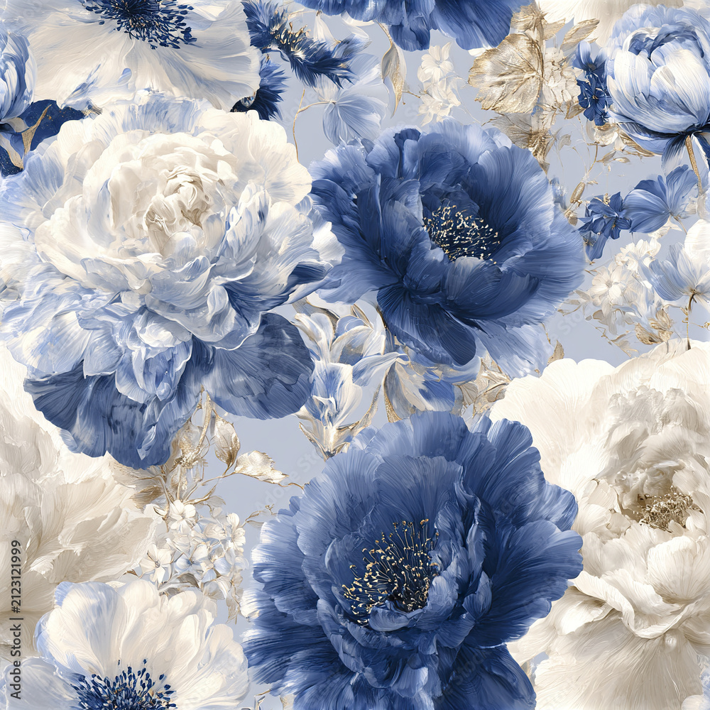 Obraz premium Seamless luxury blue and white flower pattern with layered petals and delicate golden leaves creating elegant floral design