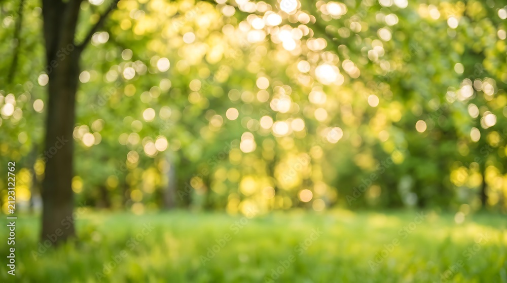 Fototapeta premium Abstract nature background, with soft green, foliage and golden, sunlight bokeh glowing, through tree leaves, in a peaceful, forest setting during spring
