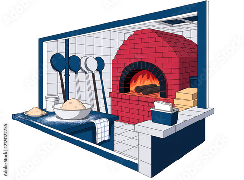 Isometric Italian Pizza Restaurant Kitchen with Brick Oven, Pizza Dough and Cooking Utensils Vector Illustration