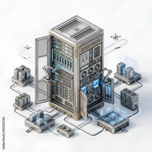 Data Center Server Rack with Network Equipment and Cables 7.