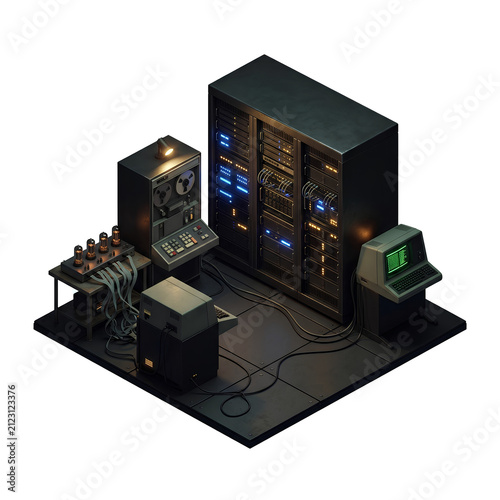 Data Center Server Rack with Networking Equipment and Computer Console.