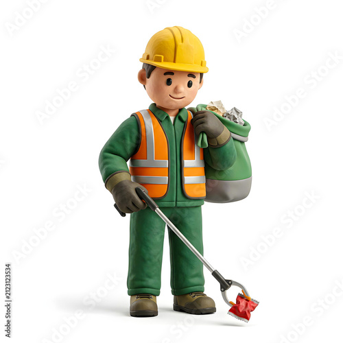 Cute 3D sanitation worker collecting litter using a grabber tool while carrying a garbage bag, isolated on white background for environmental cleanup themes.
