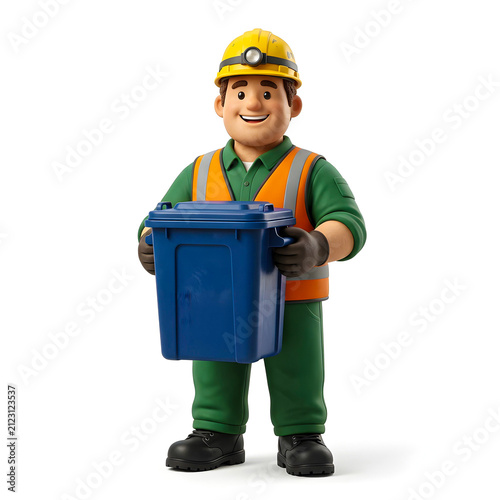 Smiling 3D sanitation worker holding a blue recycling bin while wearing protective clothing, isolated on white background for recycling and waste collection concepts.