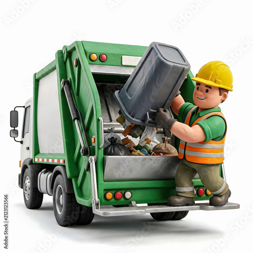 Friendly 3D garbage collection worker emptying a trash bin into a garbage truck, isolated on white background for waste disposal and sanitation concepts.