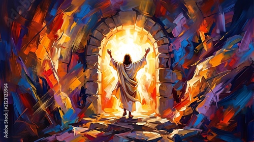Jesus christ with arms raised standing before a glowing stone tomb entrance in a dramatic oil painting style with vibrant blue, orange, and purple colors
