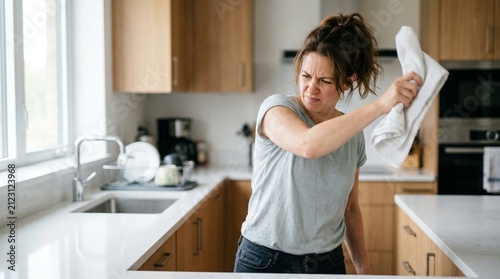 Stressed Woman Drying Hands With Kitchen Towel in Bright Modern Home Interior, Frustrated Facial Expression, Everyday Domestic Chore Concept, Lifestyle Photography