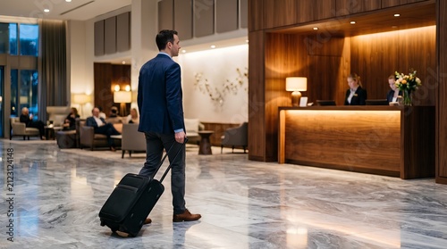 Business traveler in navy blazer walking through elegant hotel lobby with black wheeled suitcase approaching reception desk, professional corporate hospitality interior with marble floor and warm