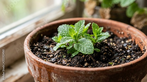 Close-up of fresh green mint leaves sprouting from rich dark soil in a weathered terracotta pot, soft window light, shallow depth of field, macro herb garden detail, natural home growing