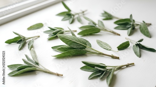 Fresh sage leaves and sprigs scattered on white surface, soft natural daylight, shallow depth of field, close-up herb photography for culinary and botanical use