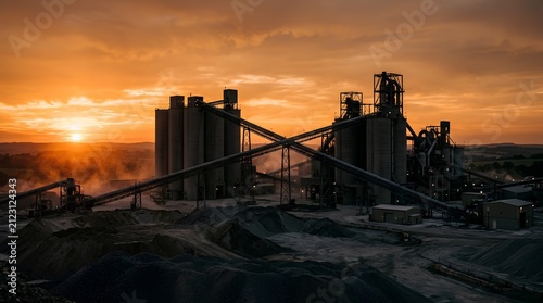 Silhouetted industrial cement factory at sunset with towering concrete silos and angled conveyor belts against a glowing orange sky, raw materials in foreground, atmospheric manufacturing landscape
