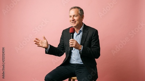 Smiling middle-aged man in dark blazer holding microphone with red windscreen, gesturing while speaking against pink studio backdrop