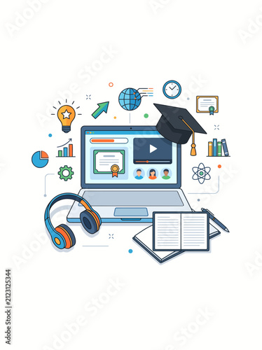 Online education concept with laptop graduation cap and learning icons