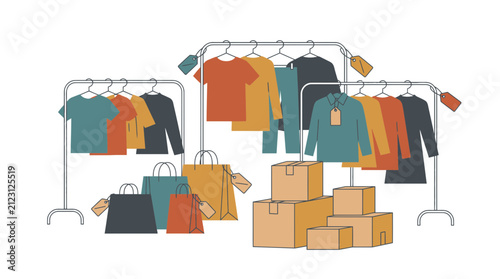 Clothing retail display with garments on racks shopping bags and boxes