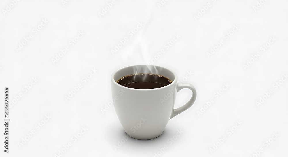 Obraz premium Steaming Black Coffee in White Ceramic Mug on Plain White Background