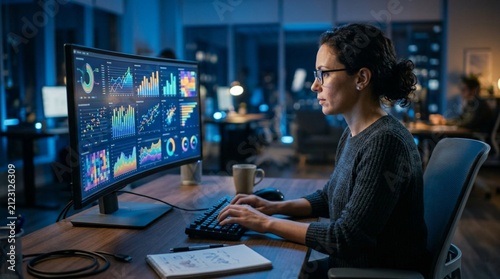 Female data scientist analyzing colorful charts and graphs on curved monitor in modern dark office at night, working late with coffee mug beside keyboard, focused analytics and business intelligence