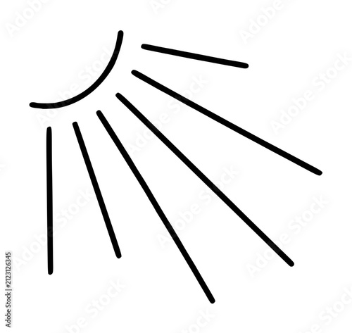 Hand traced sun ray beam vector icon illustration featuring a curved arc with radiating lines in minimalist black line art style for radiant sunburst design elements