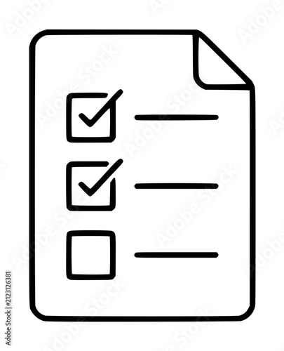 Hand-traced vector icon of a checklist survey sheet with three square checkboxes and horizontal lines, monochrome line illustration for forms and feedback