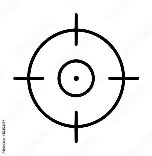 Hand-traced vector icon of a target reticle with concentric circles, crosshair lines, and a central dot. Simple black line illustration on white background, evoking precision, focus, and aiming in a