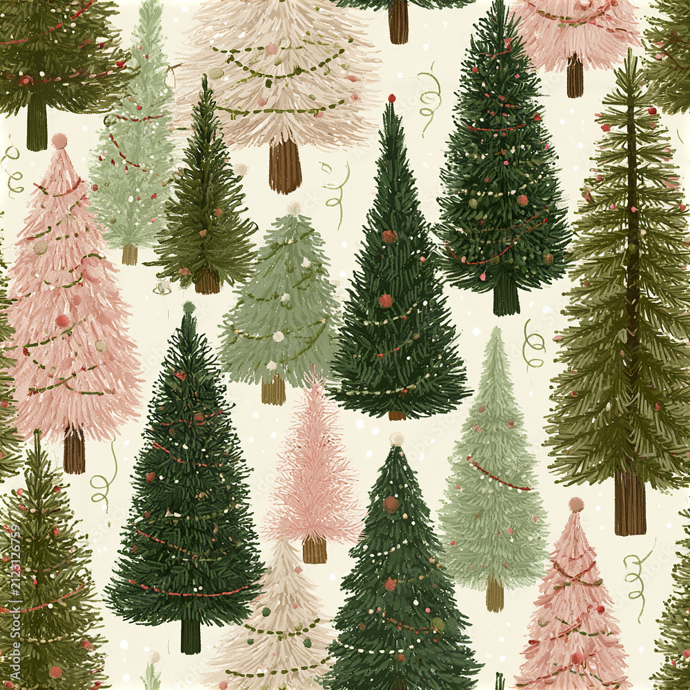 Obraz premium Seamless pastel Christmas pattern with stylized fir trees decorated with garlands and ornaments in soft colors
