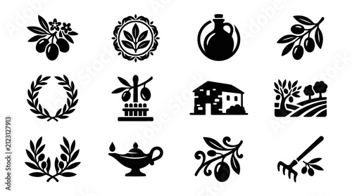 Collection of olive oil production and agriculture icons in black and white.