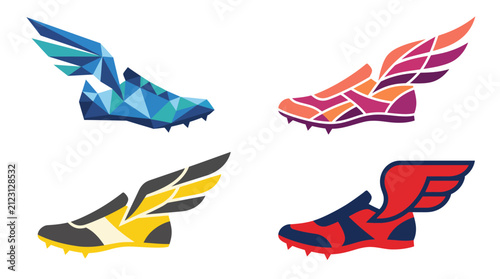 Set of winged running shoe icons in various artistic styles.