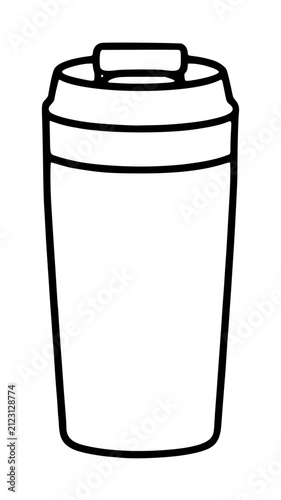 Hand-traced vector illustration of a blank travel mug with lid, minimalist line art coffee tumbler icon for branding, menus, and digital projects