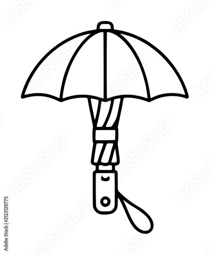 Hand-drawn black outline vector illustration of a travel umbrella with curved canopy panels, telescopic handle, wrist strap loop, and minimalist line art style on white background