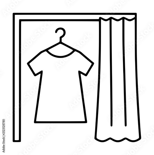 Hand-traced vector icon of a t-shirt hanging on a clothing rack with an adjacent draped curtain, minimalist black line illustration depicting a fitting room or wardrobe scene