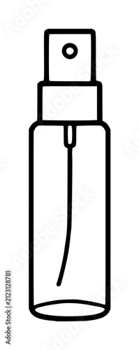 Hand-Drawn Black and White Vector Icon of a Travel-Sized Perfume Bottle with Sprayer and Curved Scent Trail on White Background, Minimalist Cosmetic Illustration