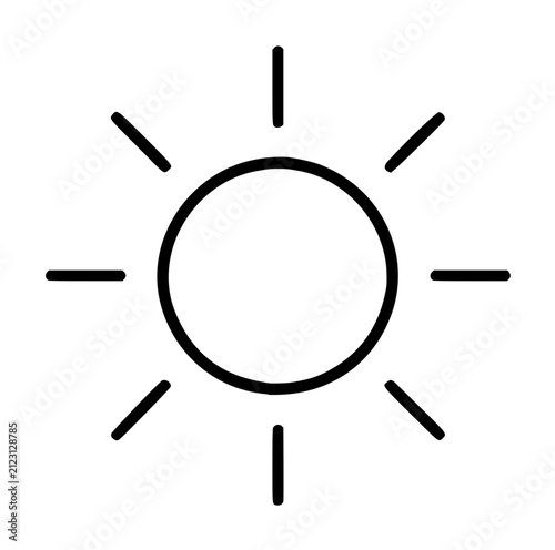 Minimalist hand-drawn sun icon, black outline vector illustration with radiating rays, simple flat design for weather, summer, or solar themes